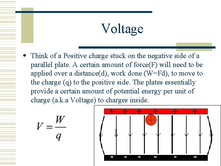 Voltage Think of a Positive charge stuck on the negative side of a parallel