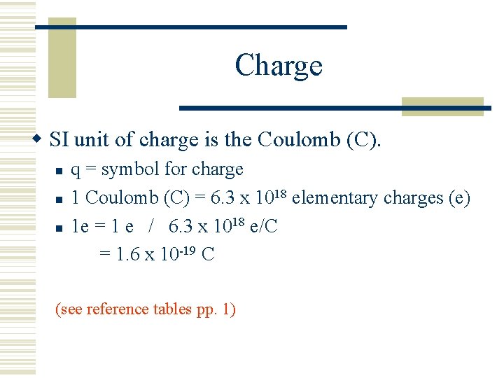 Charge SI unit of charge is the Coulomb (C). q = symbol for charge