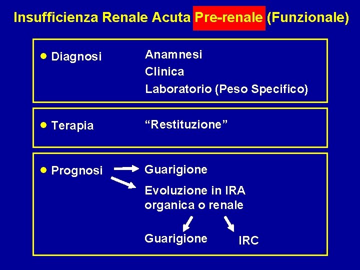 Insufficienza Renale Acuta Pre-renale (Funzionale) • Diagnosi Anamnesi Clinica Laboratorio (Peso Specifico) • Terapia