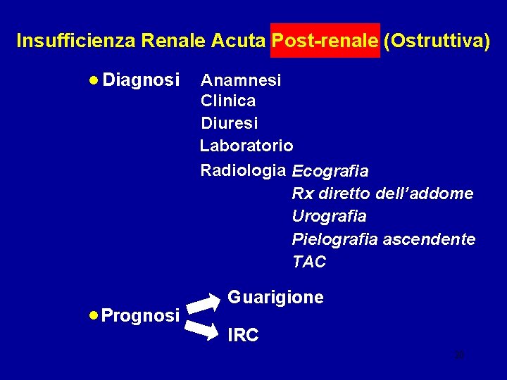 Insufficienza Renale Acuta Post-renale (Ostruttiva) • Diagnosi • Prognosi Anamnesi Clinica Diuresi Laboratorio Radiologia