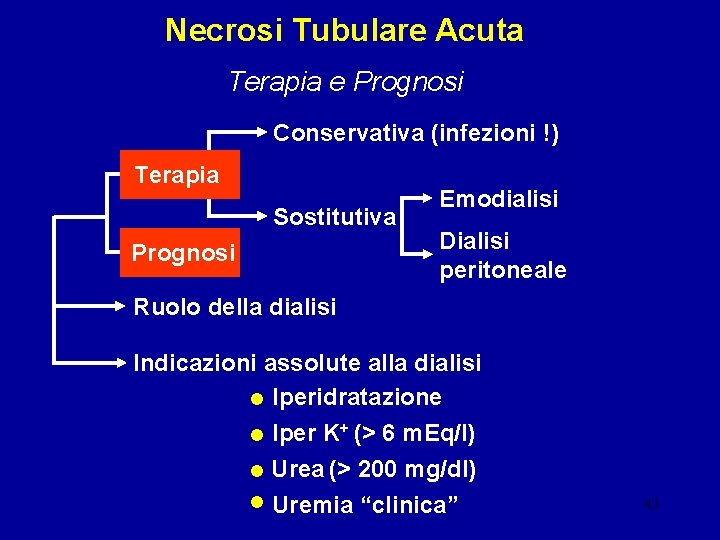 Necrosi Tubulare Acuta Terapia e Prognosi Conservativa (infezioni !) Terapia Sostitutiva Prognosi Emodialisi Dialisi