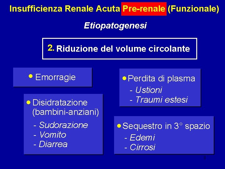 Insufficienza Renale Acuta Pre-renale (Funzionale) Etiopatogenesi 2. Riduzione del volume circolante • Emorragie •