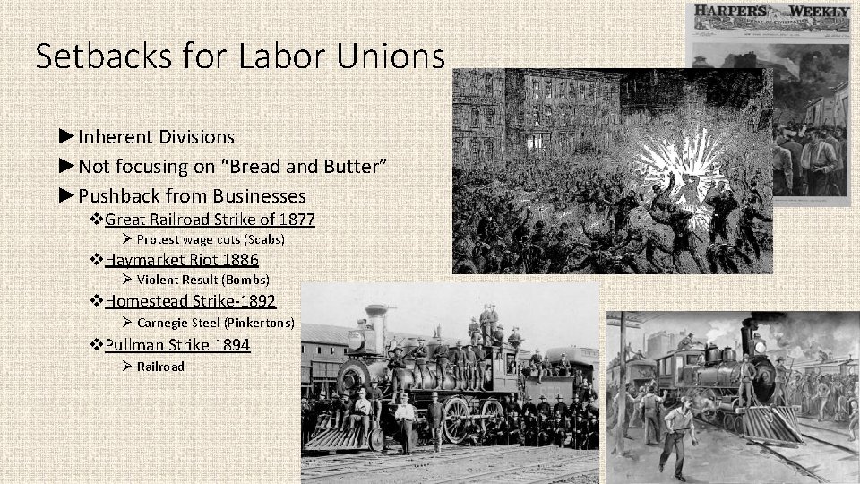 Setbacks for Labor Unions ►Inherent Divisions ►Not focusing on “Bread and Butter” ►Pushback from