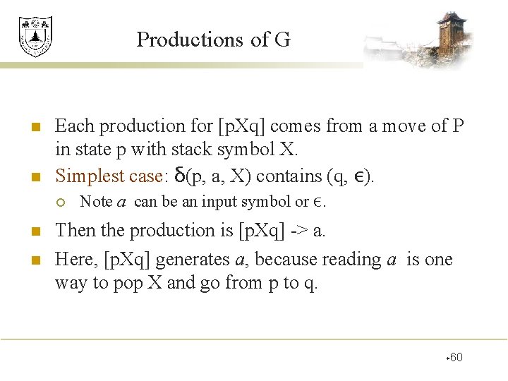 Productions of G n n Each production for [p. Xq] comes from a move