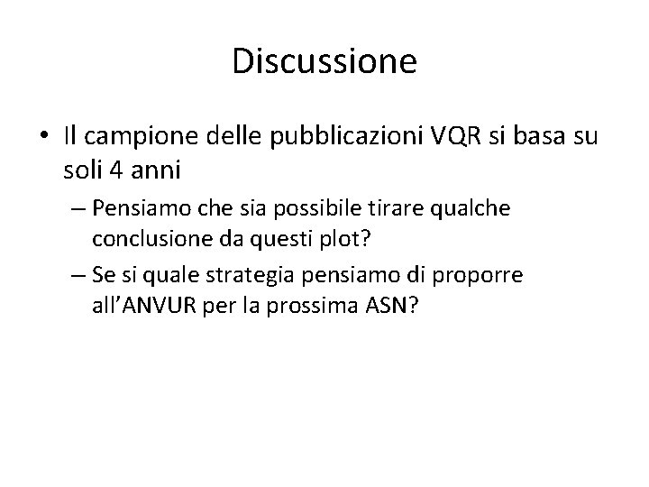 Discussione • Il campione delle pubblicazioni VQR si basa su soli 4 anni –