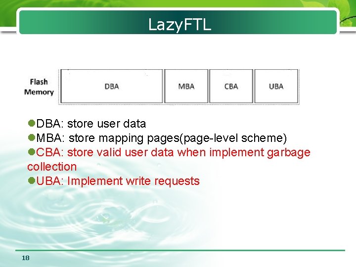 Lazy. FTL l. DBA: store user data l. MBA: store mapping pages(page-level scheme) l.