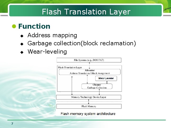 Flash Translation Layer l Function u u u 7 Address mapping Garbage collection(block reclamation)
