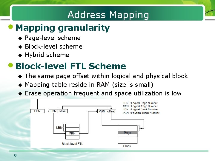 Address Mapping • Mapping granularity Page-level scheme u Block-level scheme u Hybrid scheme u