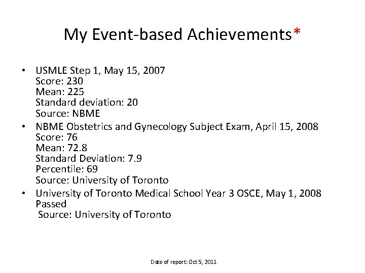 My Event-based Achievements* • USMLE Step 1, May 15, 2007 Score: 230 Mean: 225