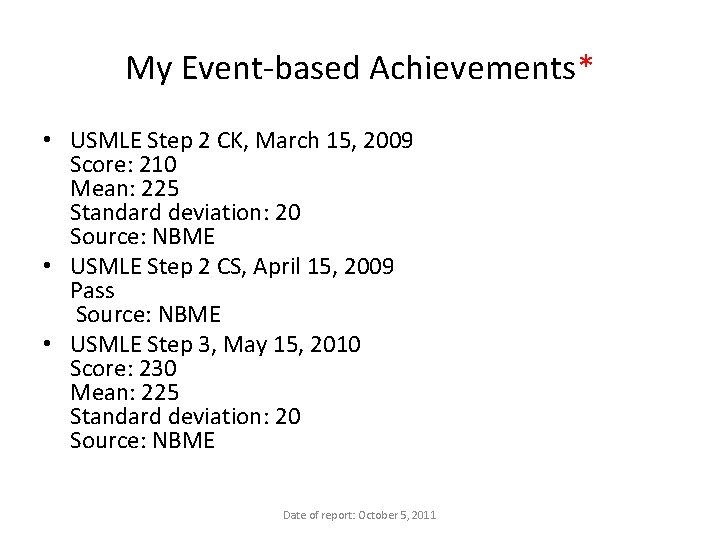 My Event-based Achievements* • USMLE Step 2 CK, March 15, 2009 Score: 210 Mean: