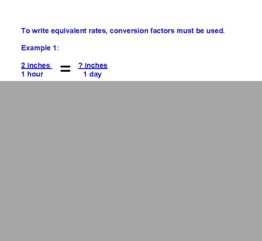 To write equivalent rates, conversion factors must be used. Example 1: 2 inches 1
