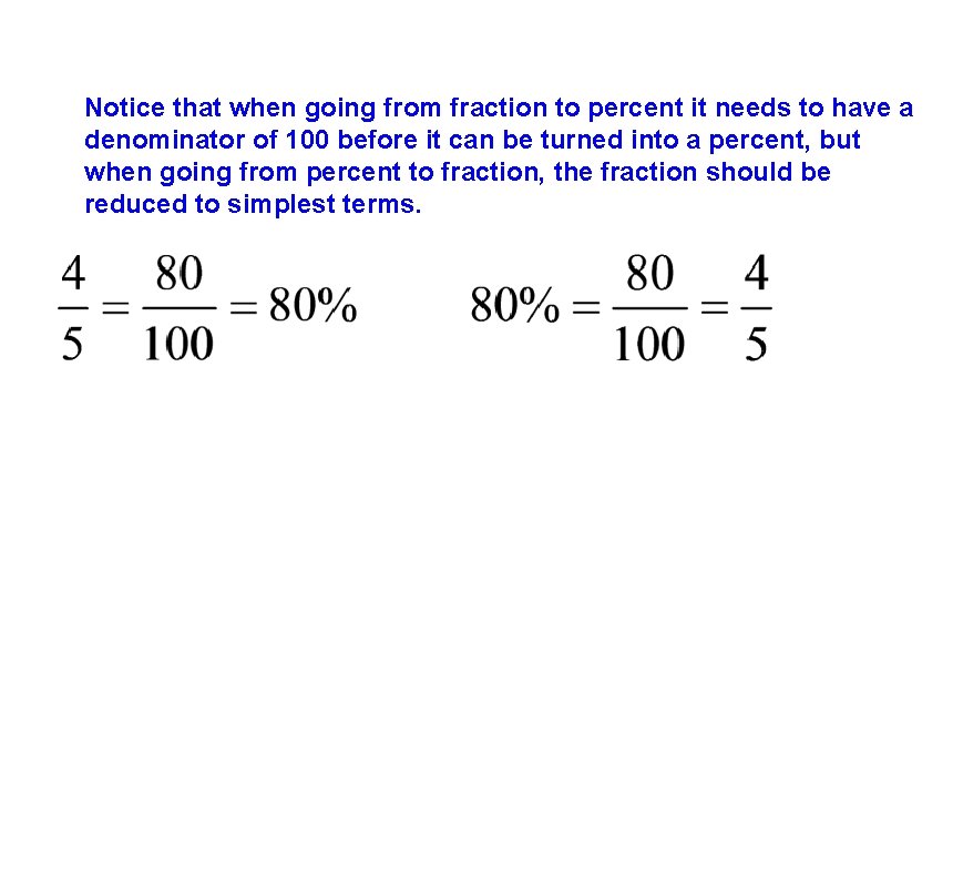 Notice that when going from fraction to percent it needs to have a denominator