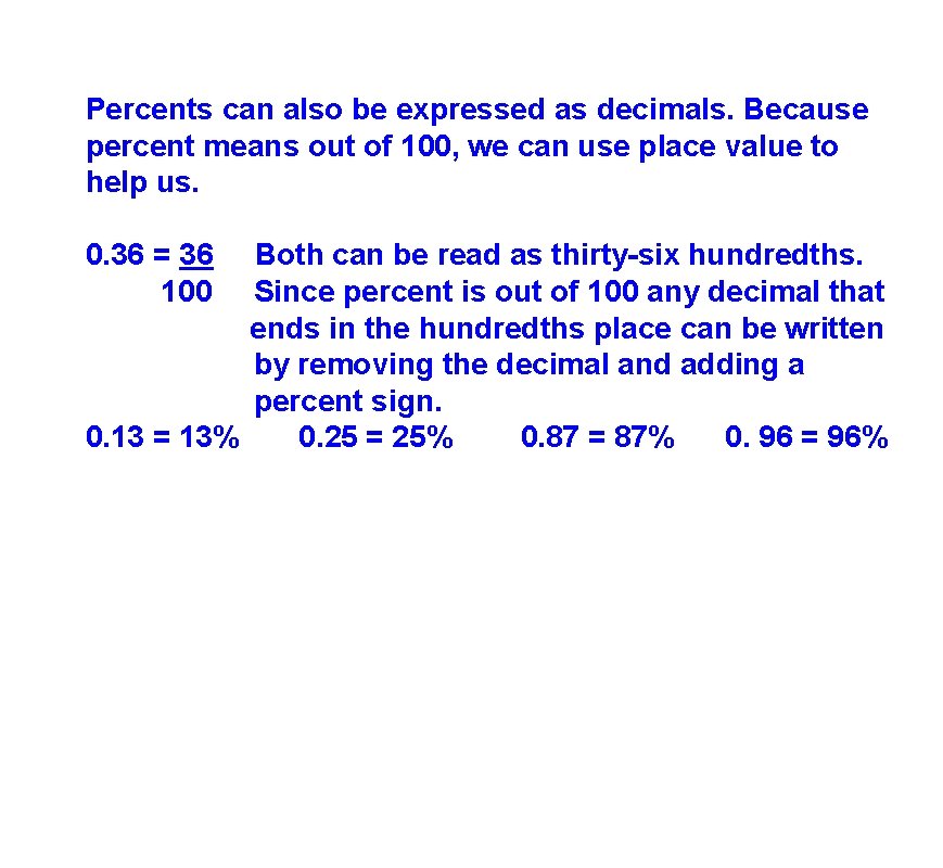 Percents can also be expressed as decimals. Because percent means out of 100, we