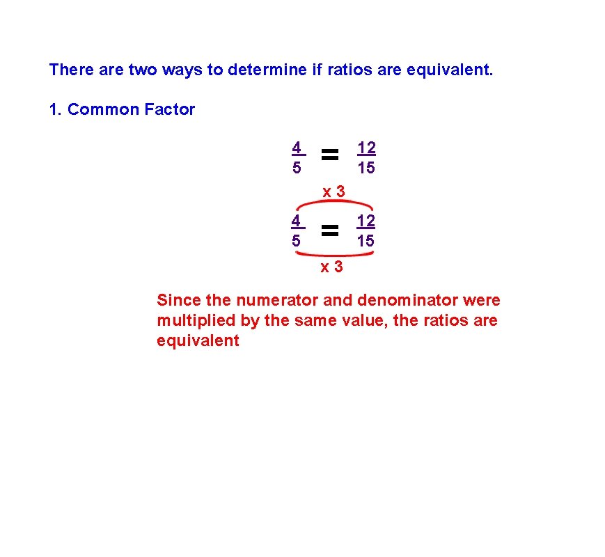 There are two ways to determine if ratios are equivalent. 1. Common Factor 4