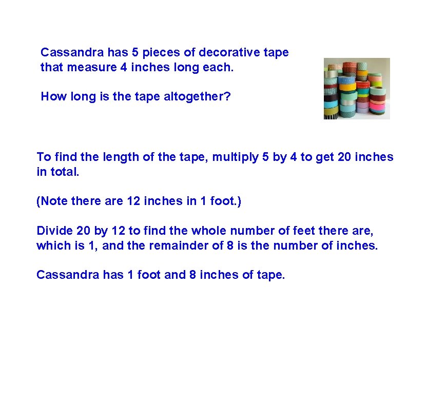 Cassandra has 5 pieces of decorative tape that measure 4 inches long each. How