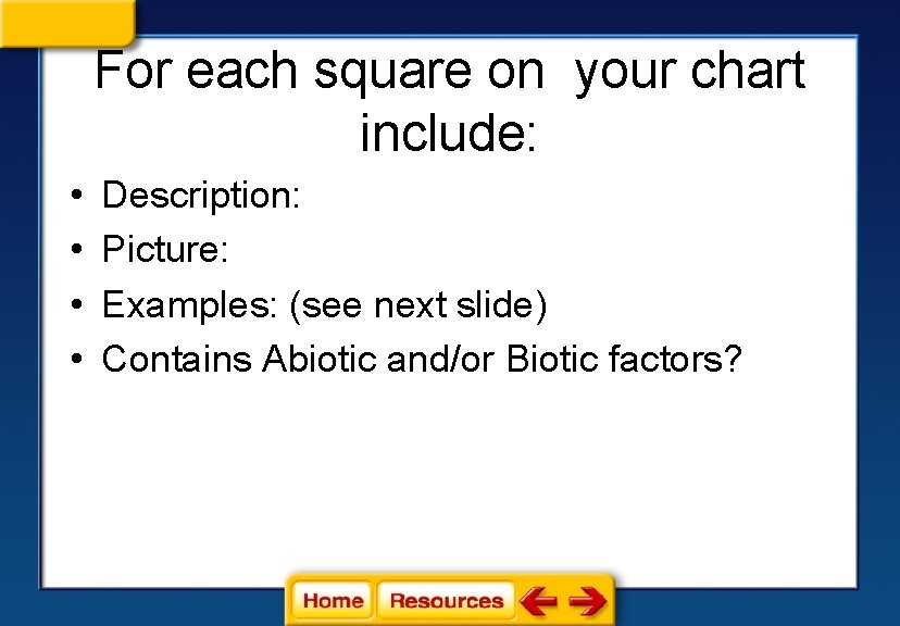 For each square on your chart include: • • Description: Picture: Examples: (see next