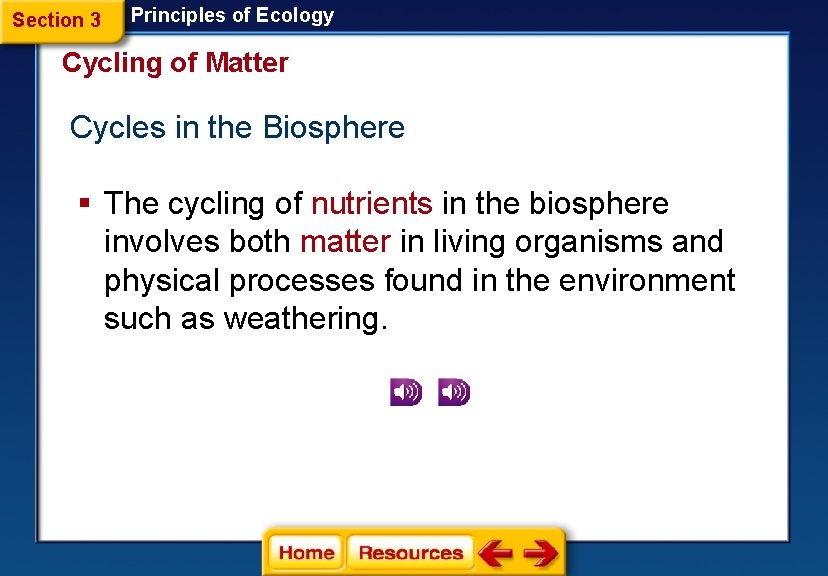 Section 3 Principles of Ecology Cycling of Matter Cycles in the Biosphere § The