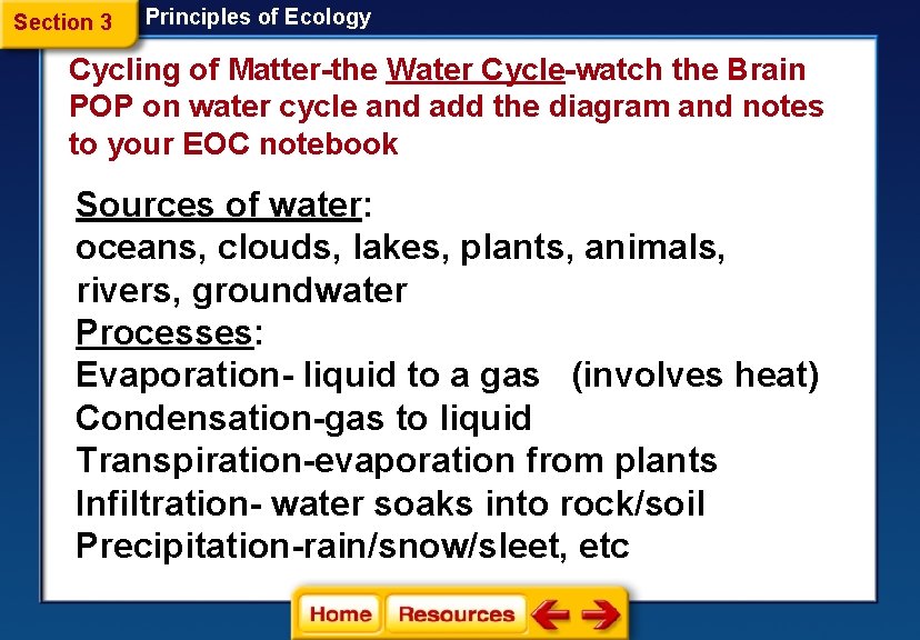 Section 3 Principles of Ecology Cycling of Matter-the Water Cycle-watch the Brain POP on