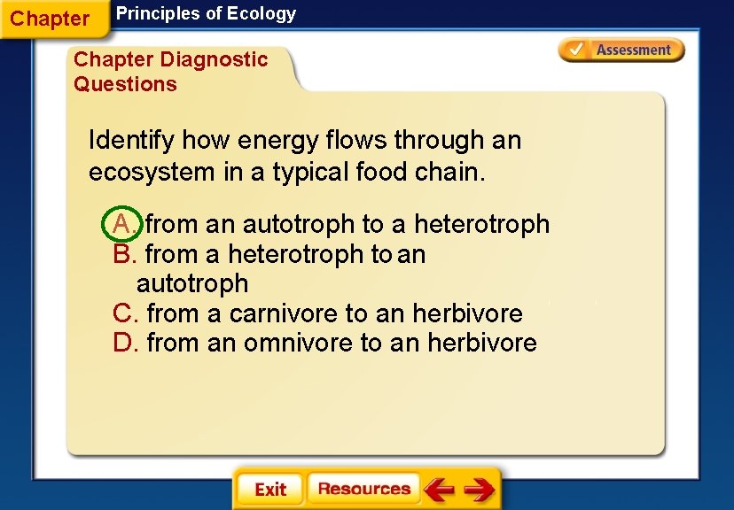 Chapter Principles of Ecology Chapter Diagnostic Questions Identify how energy flows through an ecosystem