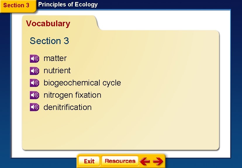 Section 3 Principles of Ecology Vocabulary Section 3 matter nutrient biogeochemical cycle nitrogen fixation
