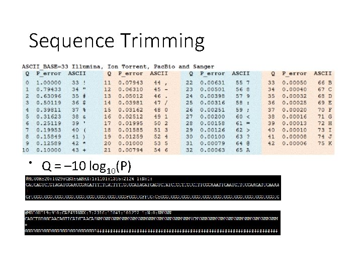 Sequence Trimming • Q = – 10 log 10(P) 