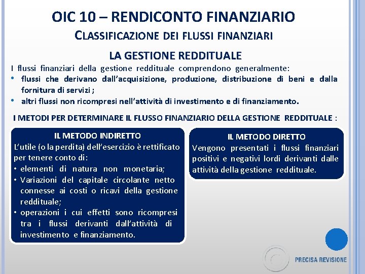 OIC 10 – RENDICONTO FINANZIARIO CLASSIFICAZIONE DEI FLUSSI FINANZIARI LA GESTIONE REDDITUALE I flussi