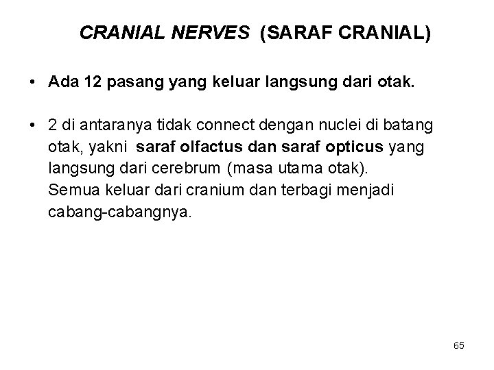 CRANIAL NERVES (SARAF CRANIAL) • Ada 12 pasang yang keluar langsung dari otak. •