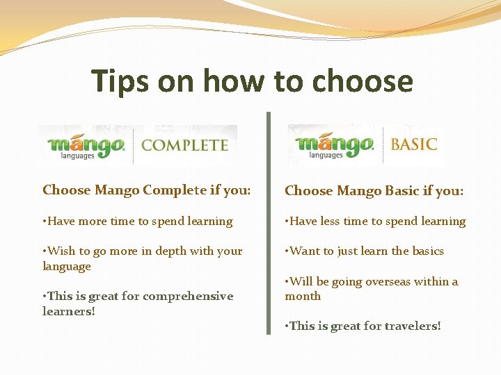 Tips on how to choose Choose Mango Complete if you: Choose Mango Basic if