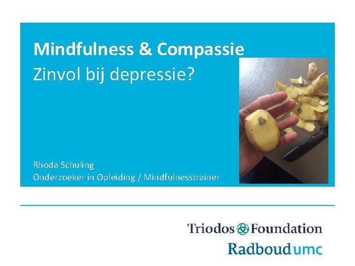 Mindfulness & Compassie Zinvol bij depressie? Rhoda Schuling Onderzoeker in Opleiding / Mindfulnesstrainer 