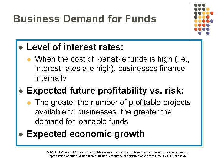 Business Demand for Funds l Level of interest rates: l l Expected future profitability