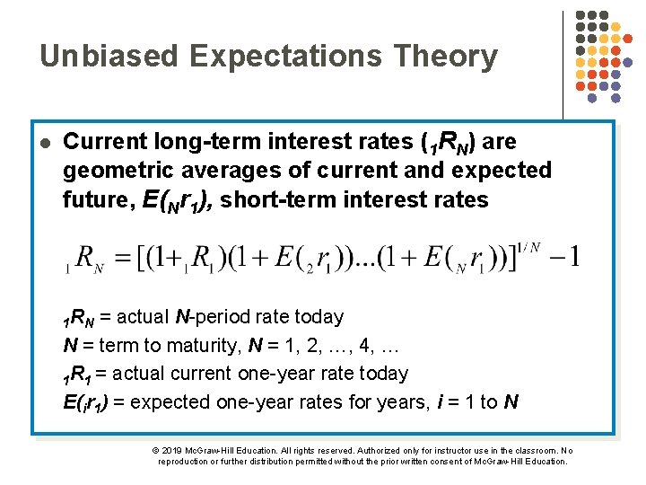 Unbiased Expectations Theory l Current long-term interest rates (1 RN) are geometric averages of