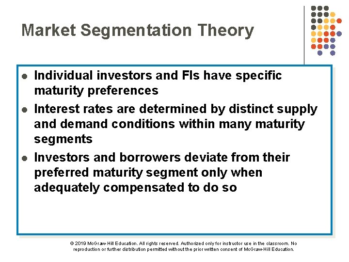 Market Segmentation Theory l l l Individual investors and FIs have specific maturity preferences