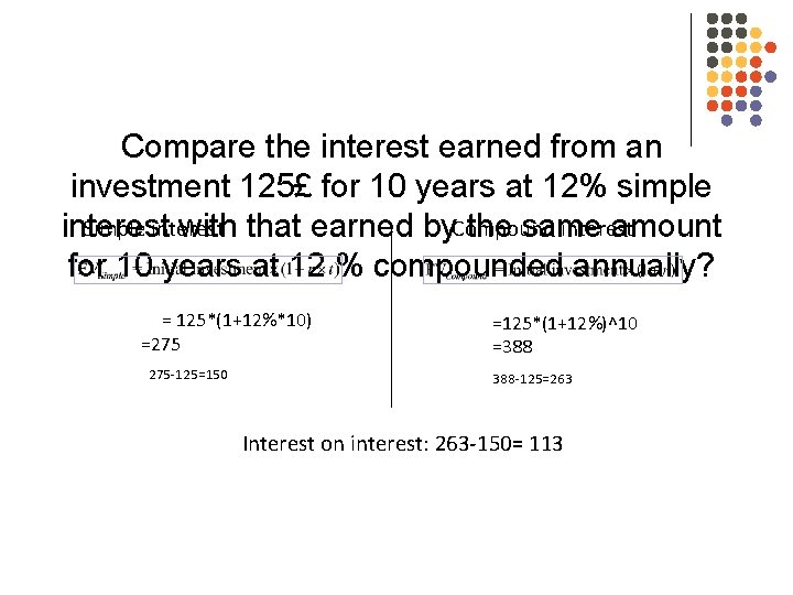 Compare the interest earned from an investment 125£ for 10 years at 12% simple