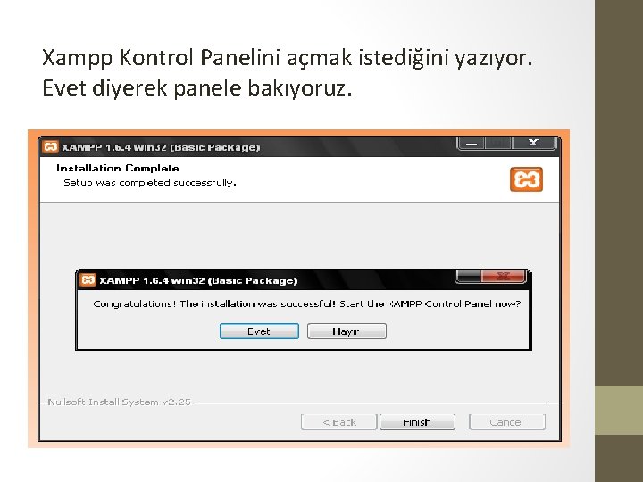 Xampp Kontrol Panelini açmak istediğini yazıyor. Evet diyerek panele bakıyoruz. 