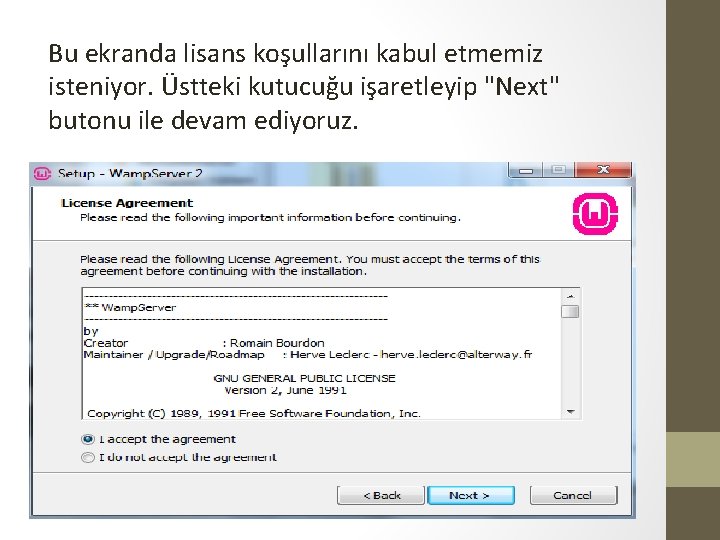 Bu ekranda lisans koşullarını kabul etmemiz isteniyor. Üstteki kutucuğu işaretleyip "Next" butonu ile devam