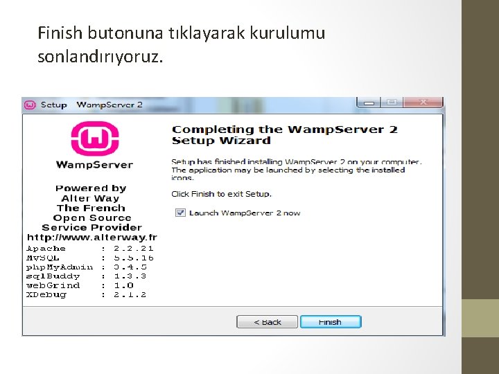 Finish butonuna tıklayarak kurulumu sonlandırıyoruz. 