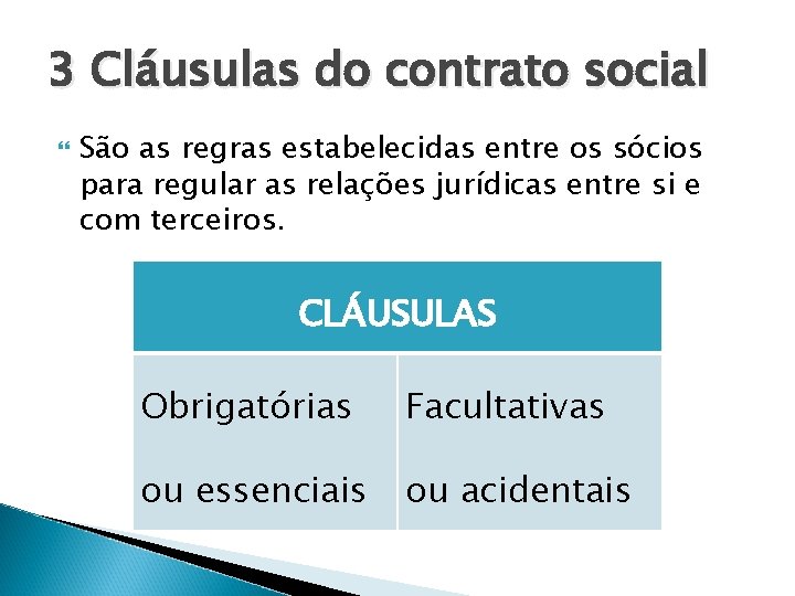 3 Cláusulas do contrato social São as regras estabelecidas entre os sócios para regular