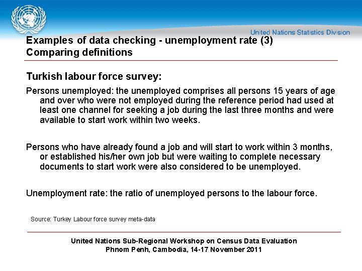 Examples of data checking - unemployment rate (3) Comparing definitions Turkish labour force survey: