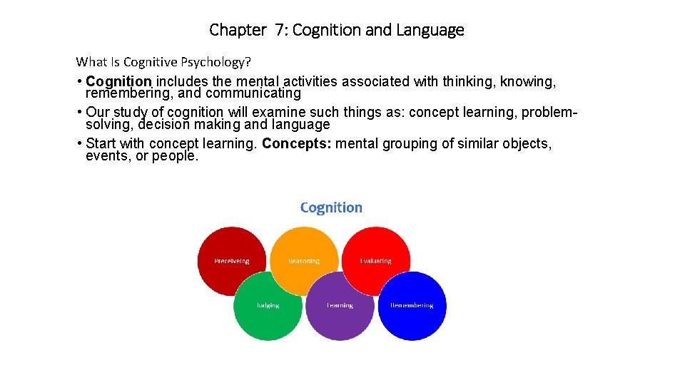 Chapter 7: Cognition and Language What Is Cognitive Psychology? • Cognition includes the mental