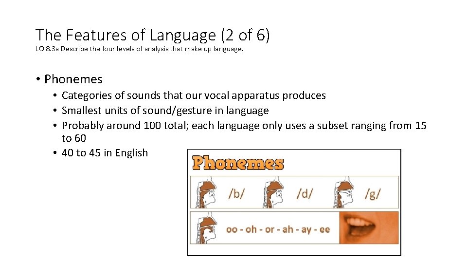 The Features of Language (2 of 6) LO 8. 3 a Describe the four