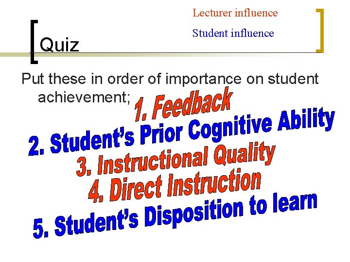 Lecturer influence Quiz Student influence Put these in order of importance on student achievement; Lecturer influence Quiz Student influence Put these in order of importance on student achievement;