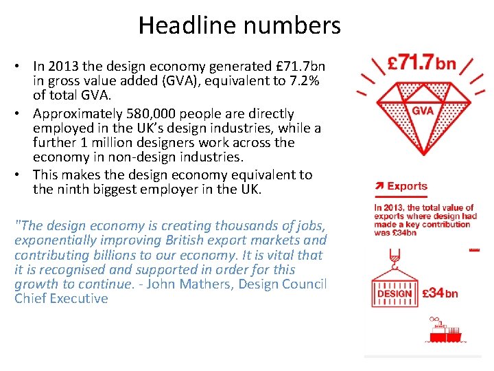 Headline numbers • In 2013 the design economy generated £ 71. 7 bn in