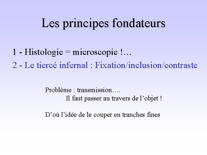 Les principes fondateurs 1 - Histologie = microscopie !… 2 - Le tiercé infernal