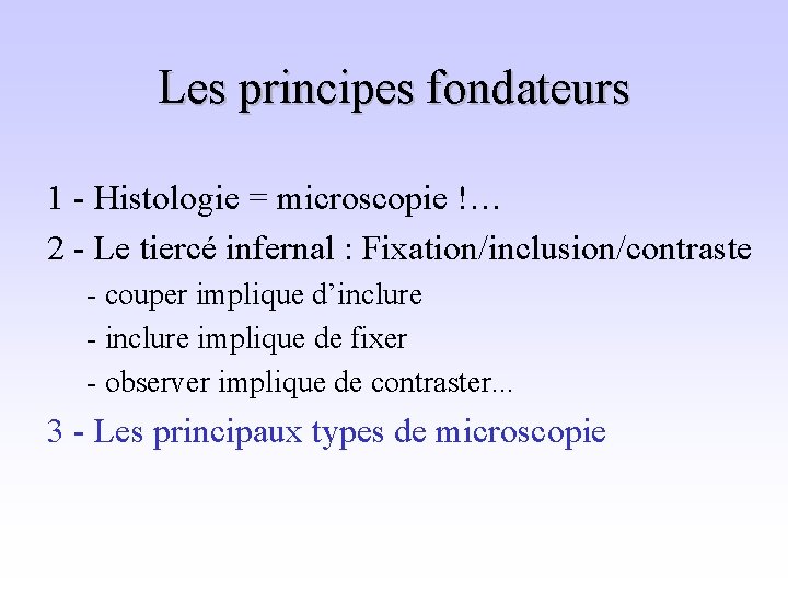 Les principes fondateurs 1 - Histologie = microscopie !… 2 - Le tiercé infernal
