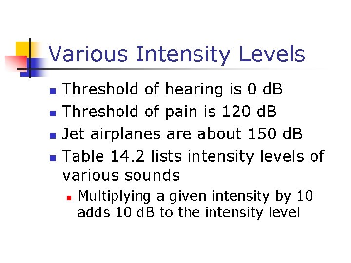 Various Intensity Levels n n Threshold of hearing is 0 d. B Threshold of