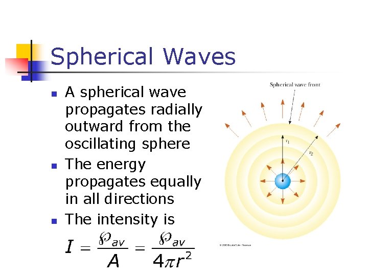 Spherical Waves n n n A spherical wave propagates radially outward from the oscillating