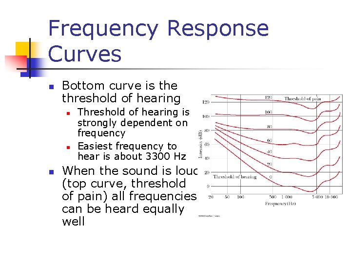 Frequency Response Curves n Bottom curve is the threshold of hearing n n n