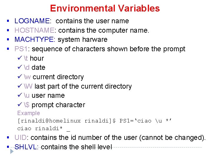Environmental Variables § § LOGNAME: contains the user name HOSTNAME: contains the computer name.