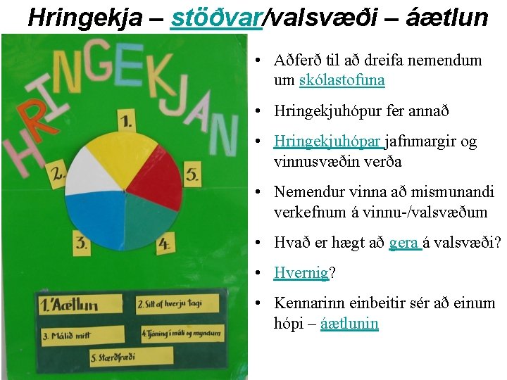 Hringekja – stöðvar/valsvæði – áætlun • Aðferð til að dreifa nemendum um skólastofuna •