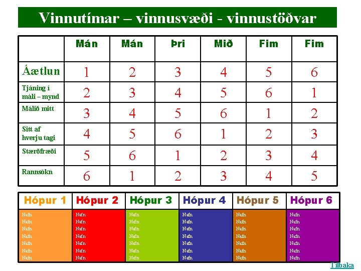 Vinnutímar – vinnusvæði - vinnustöðvar Áætlun Tjáning í máli – mynd Málið mitt Sitt